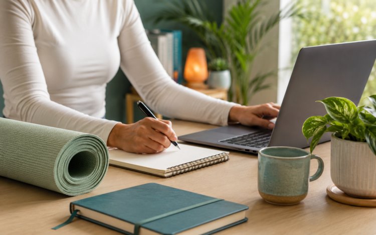 Workspace showing yoga mat, laptop and writing materials representing yoga and anxiety research and NICE guidance discussions