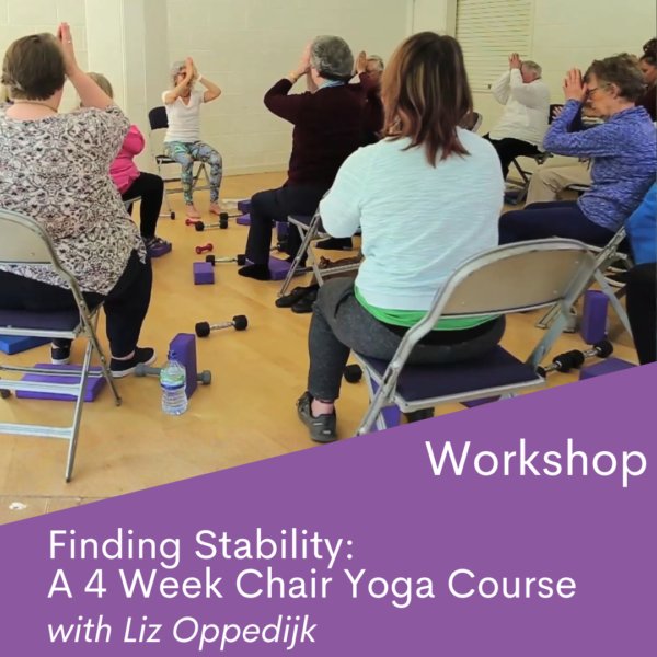 Liz Oppedijk demonstrating an accessible chair yoga course practice